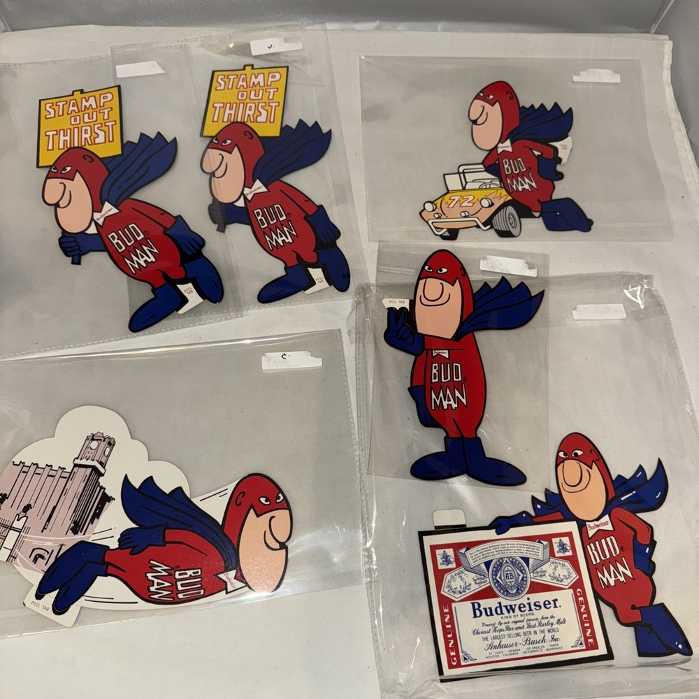 VINTAGE BUDWEISER BUD MAN STICKERS LOT OF‎ 6 NOS
